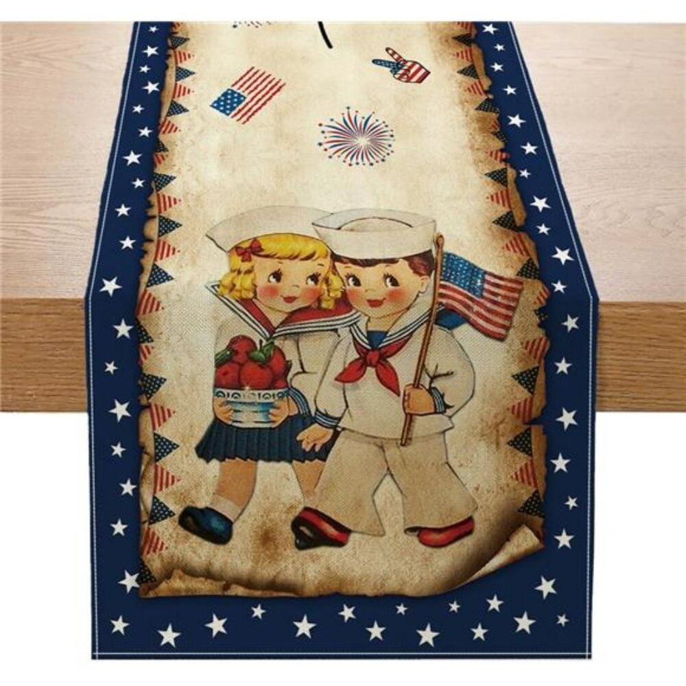 Vintage 4th of July Table Runner Linen Independence Day Party Table Decor 13x72